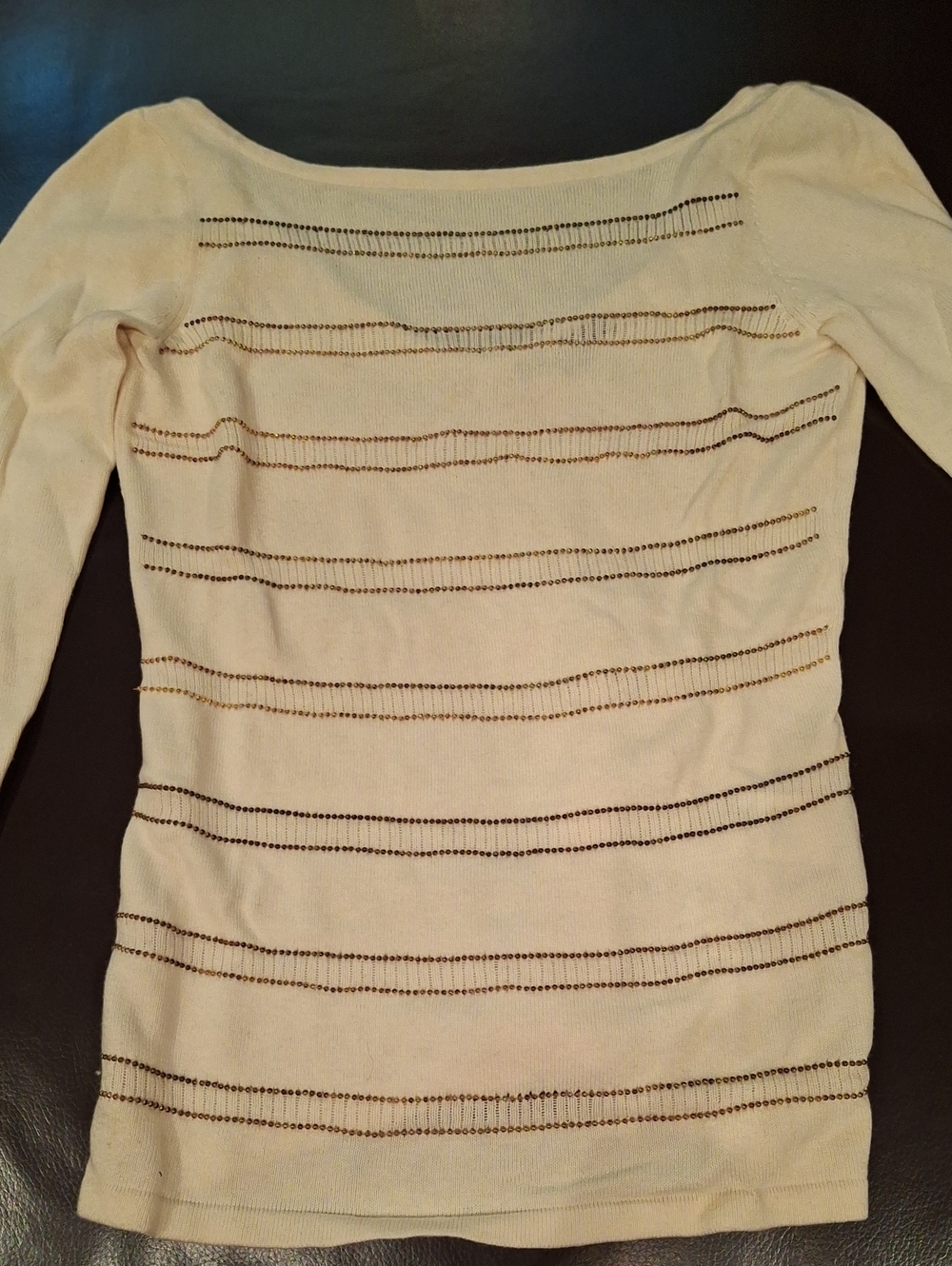 Armani Exchange Cream Off-Shoulder Sweater with Metallic Stripe Accents